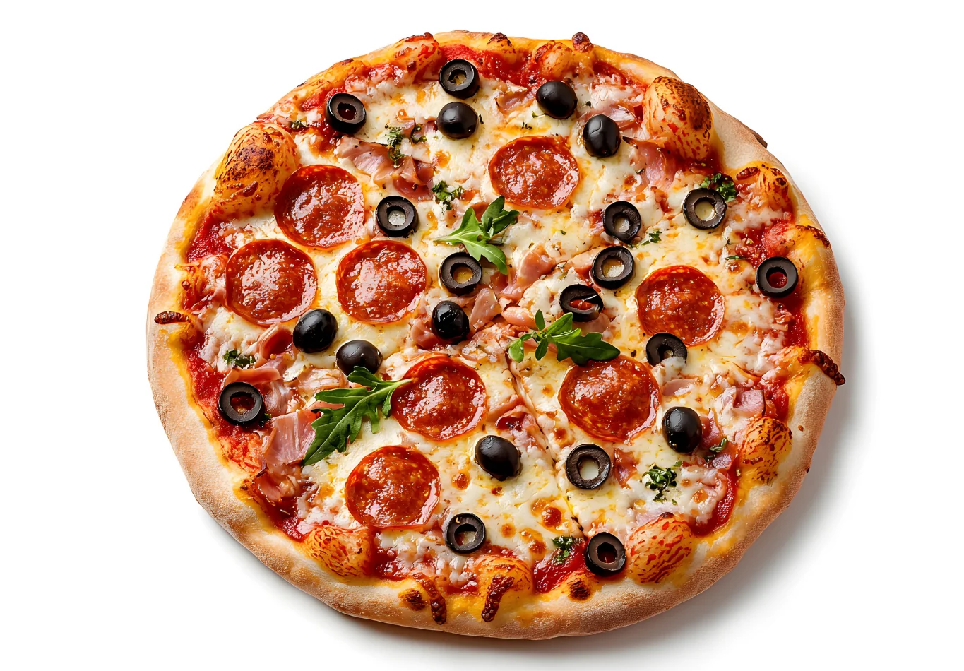Classic pepperoni pizza with olives and fresh herbs