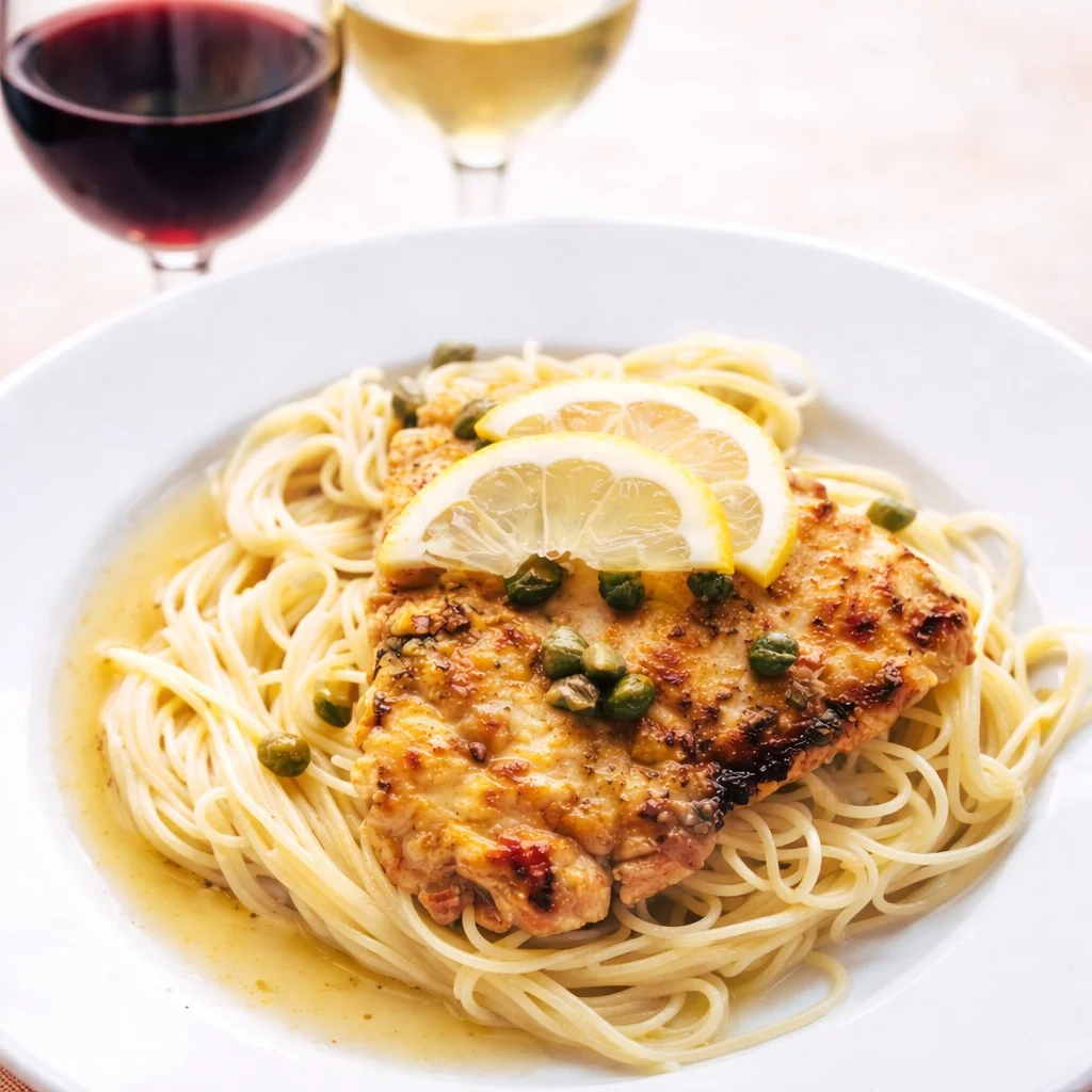 A serving of grilled chicken on a bed of pasta, garnished with lemon slices and capers, accompanied by glasses of red and white wine.