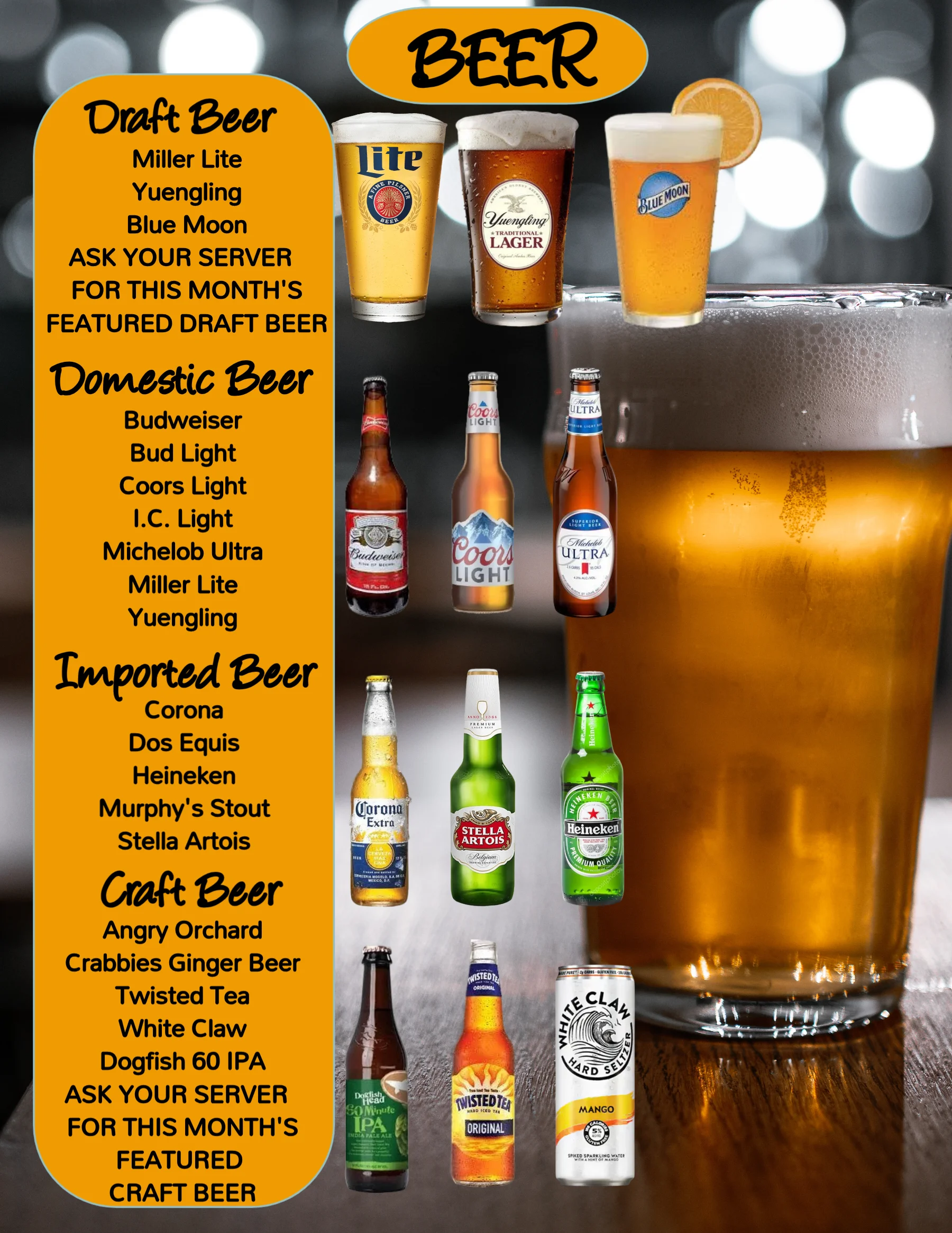 Beer menu featuring draft, domestic, imported, and craft beers in a restaurant setting.