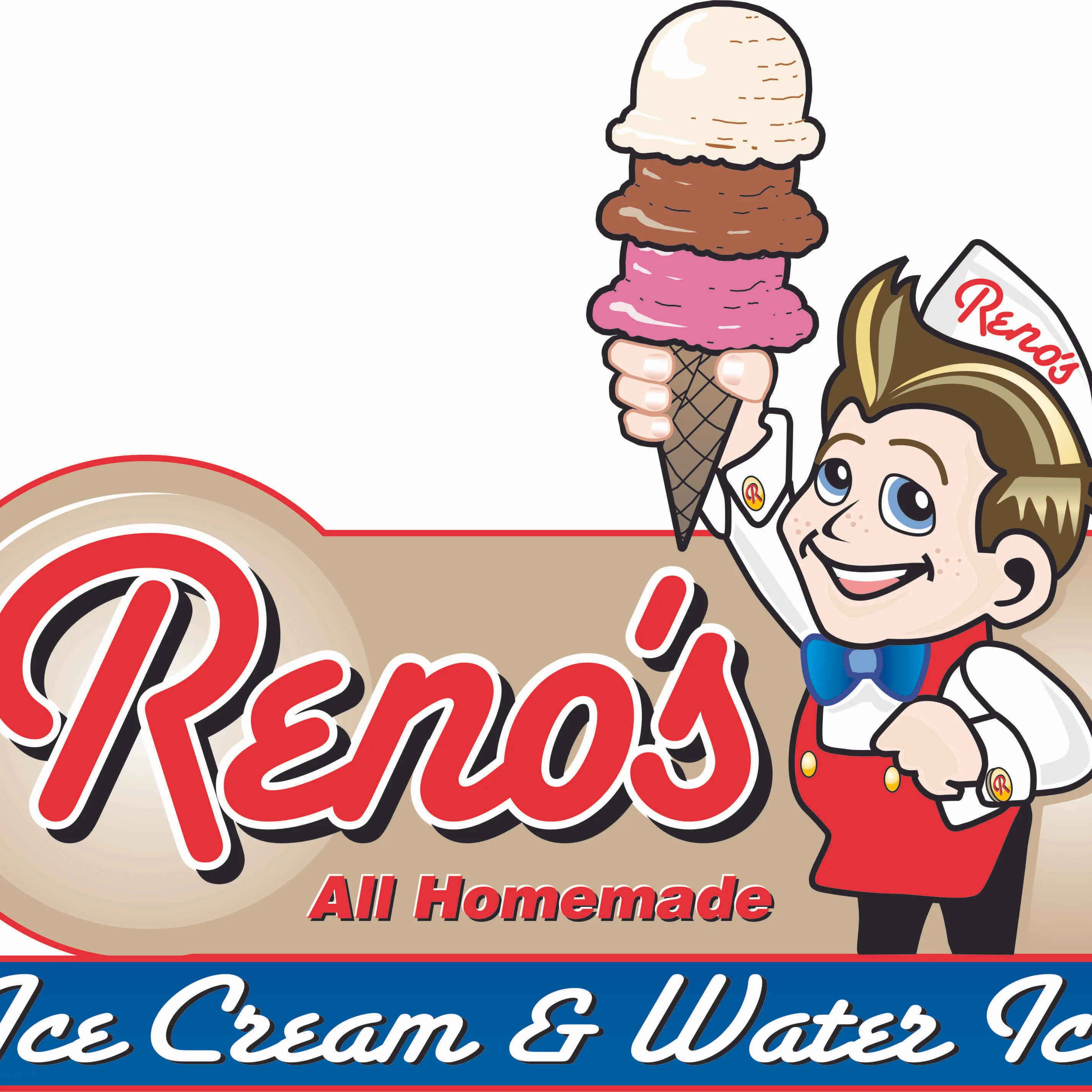 Reno's homemade ice cream logo featuring a cheerful character