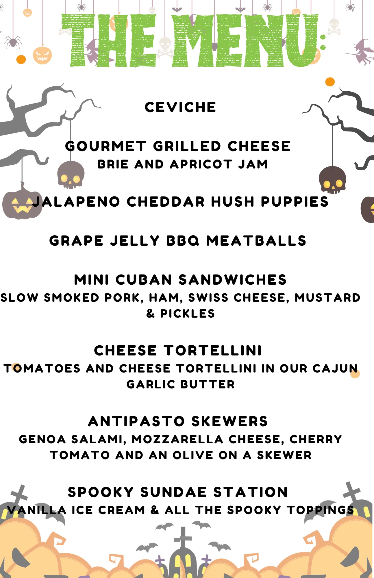 Halloween-themed restaurant menu graphic with spooky artwork and featured dishes
