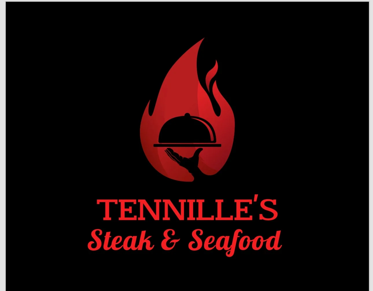 A logo featuring a flame and a hand holding a cloche, representing a restaurant specialized in steak and seafood.