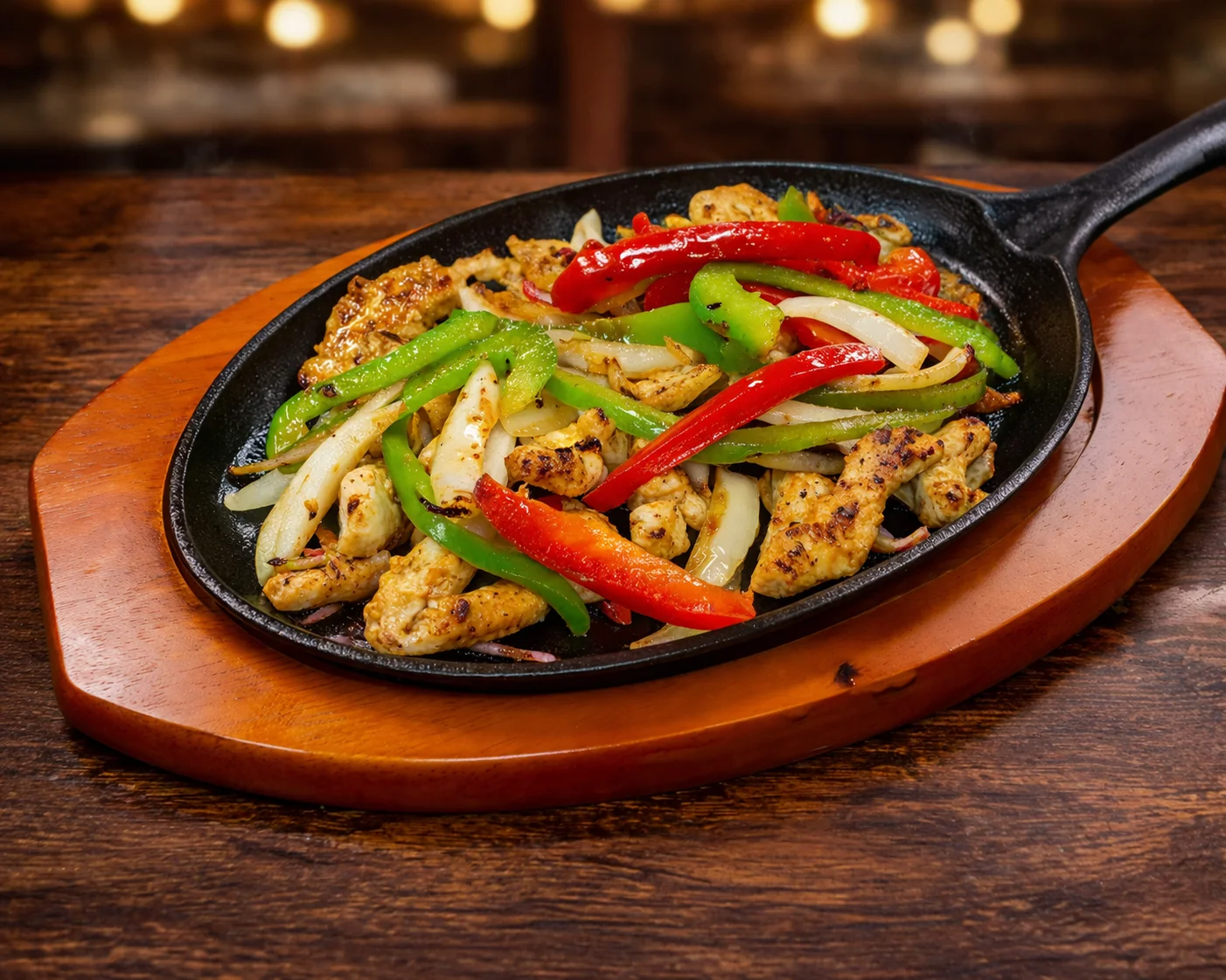 Sizzling chicken fajitas served on a hot skillet
