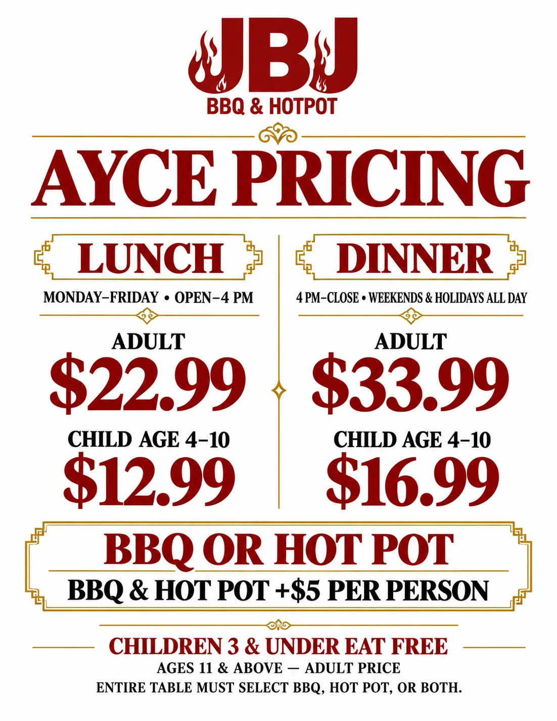AYCE pricing menu for lunch and dinner at a restaurant