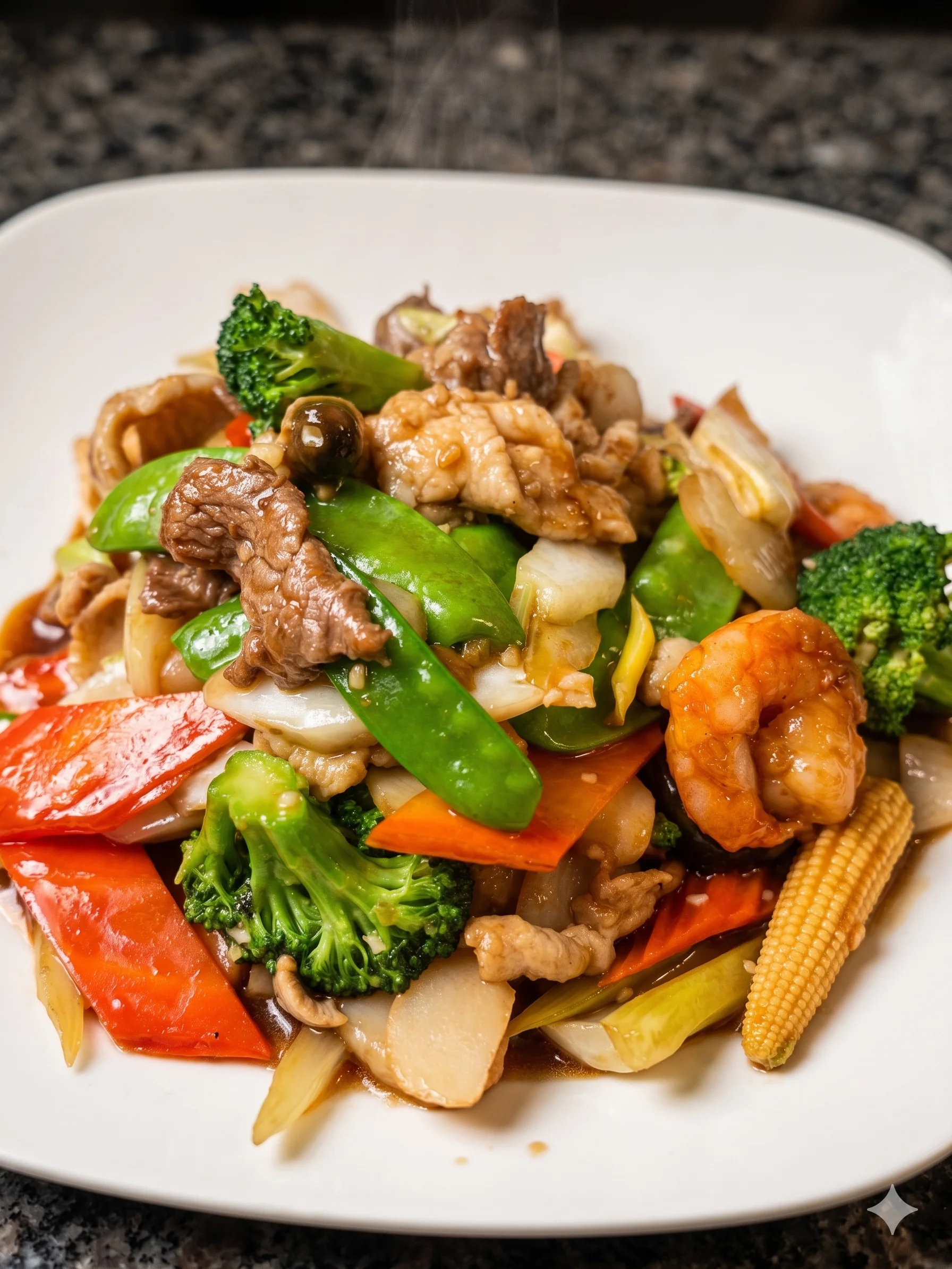 Stir-fried vegetables with shrimp and beef on a white plate.