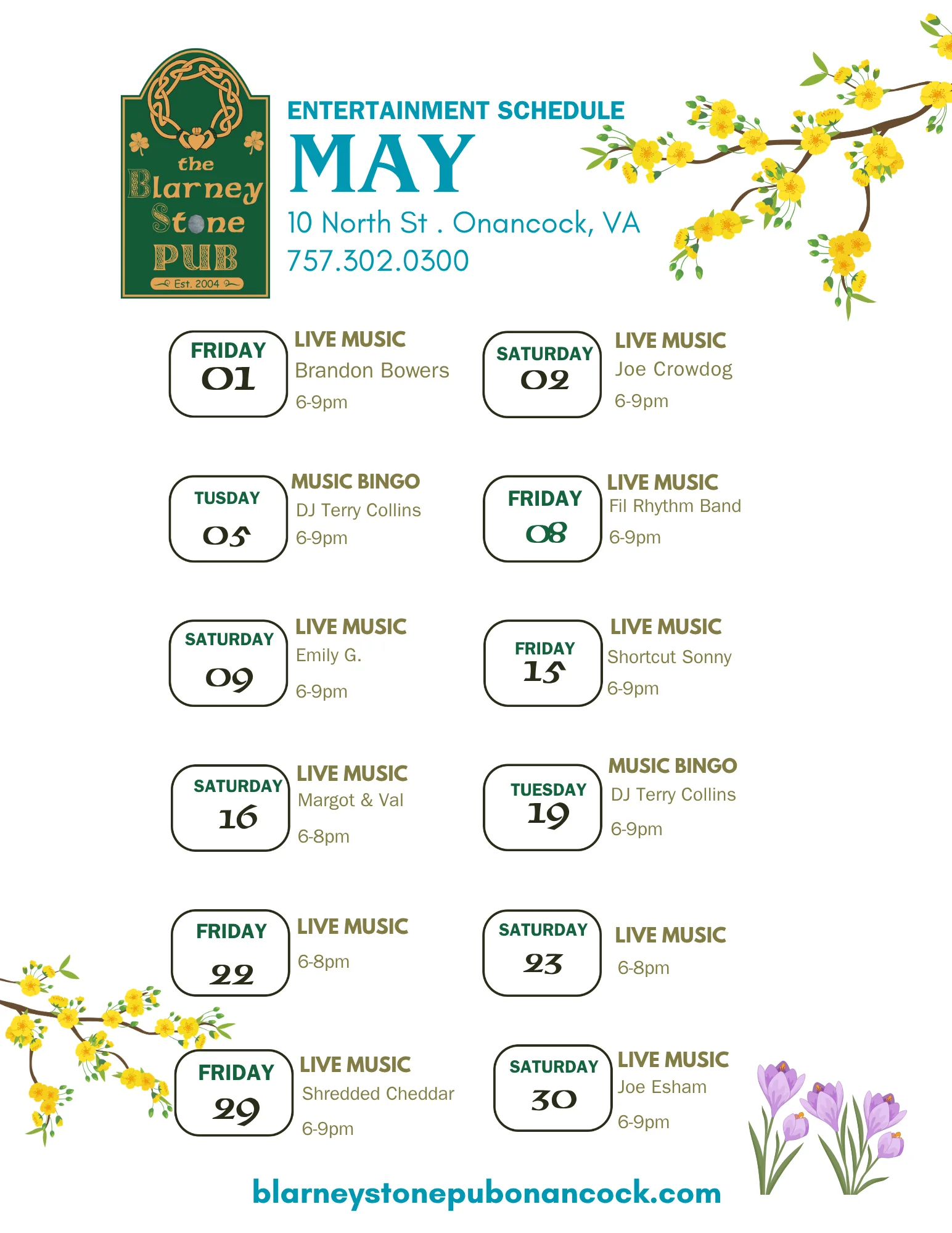 February entertainment schedule for a restaurant featuring live music and events.