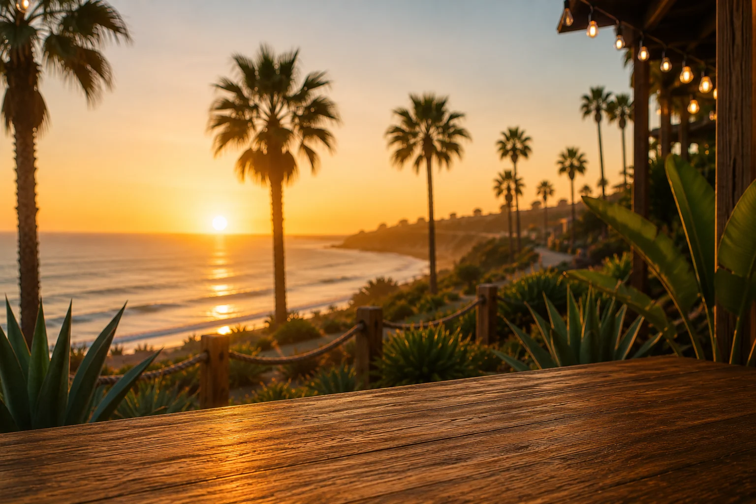 Sunset view over the ocean with palm trees and a wooden table in foreground.