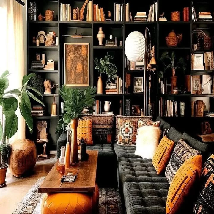 Stylish living room with cozy seating and decorative shelves