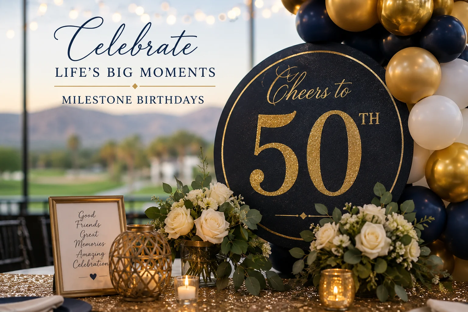 Elegant 50th birthday celebration table setting with floral decor