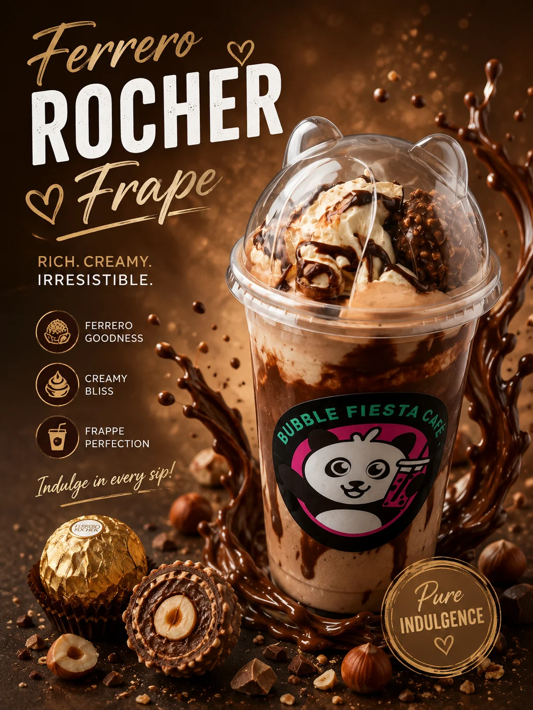 Ferrero Rocher frappe in a clear cup with chocolate drizzle