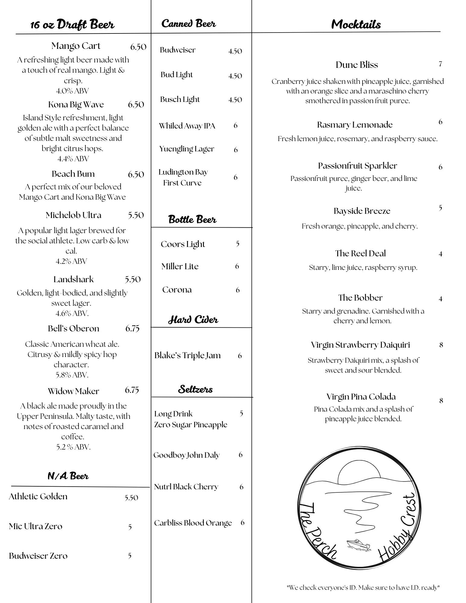 Craft beer and mocktail menu at a coastal restaurant