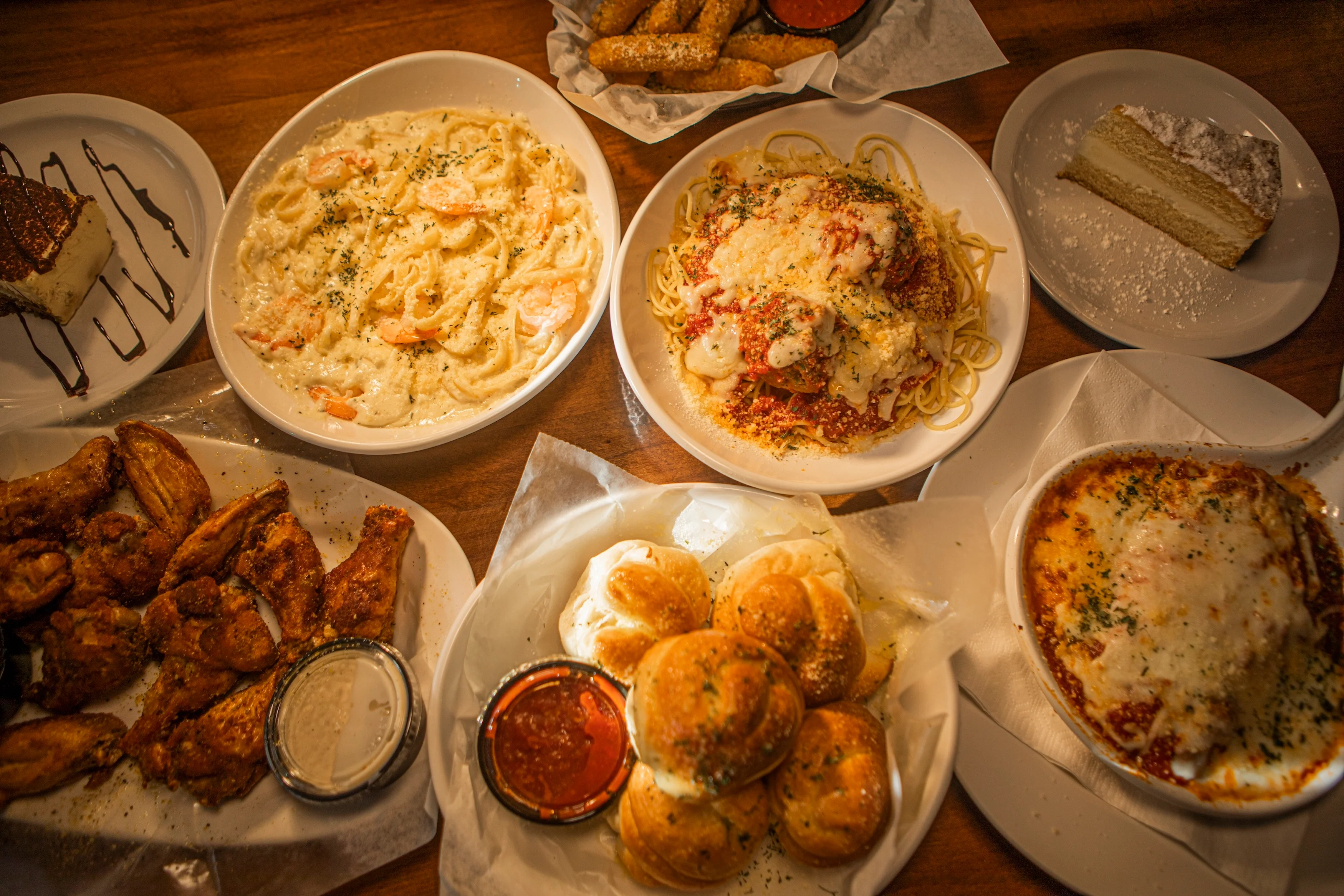 Italian pasta dishes with shrimp fettuccine and baked spaghetti