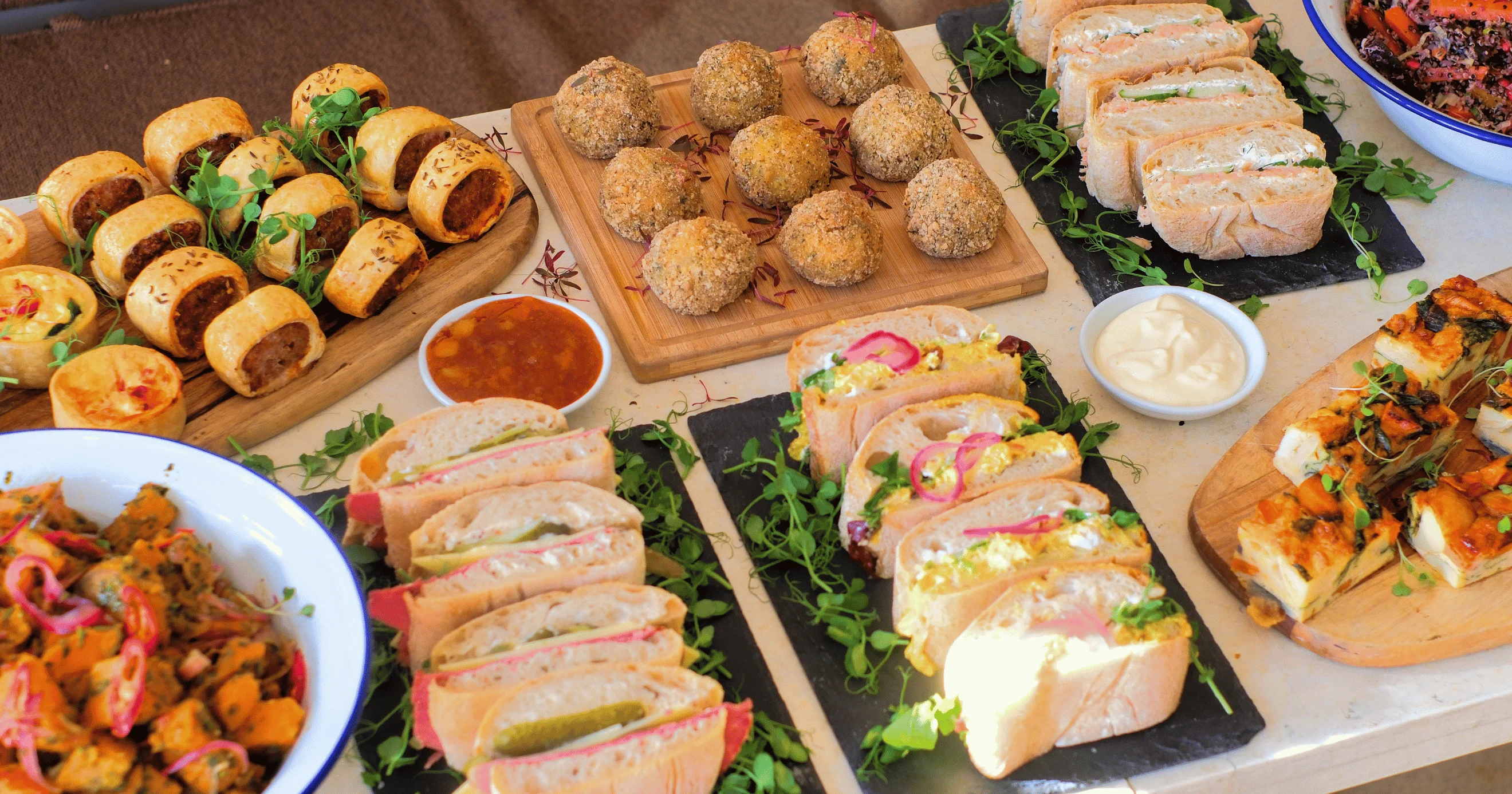 Colorful Mediterranean buffet with salads and savory pastries