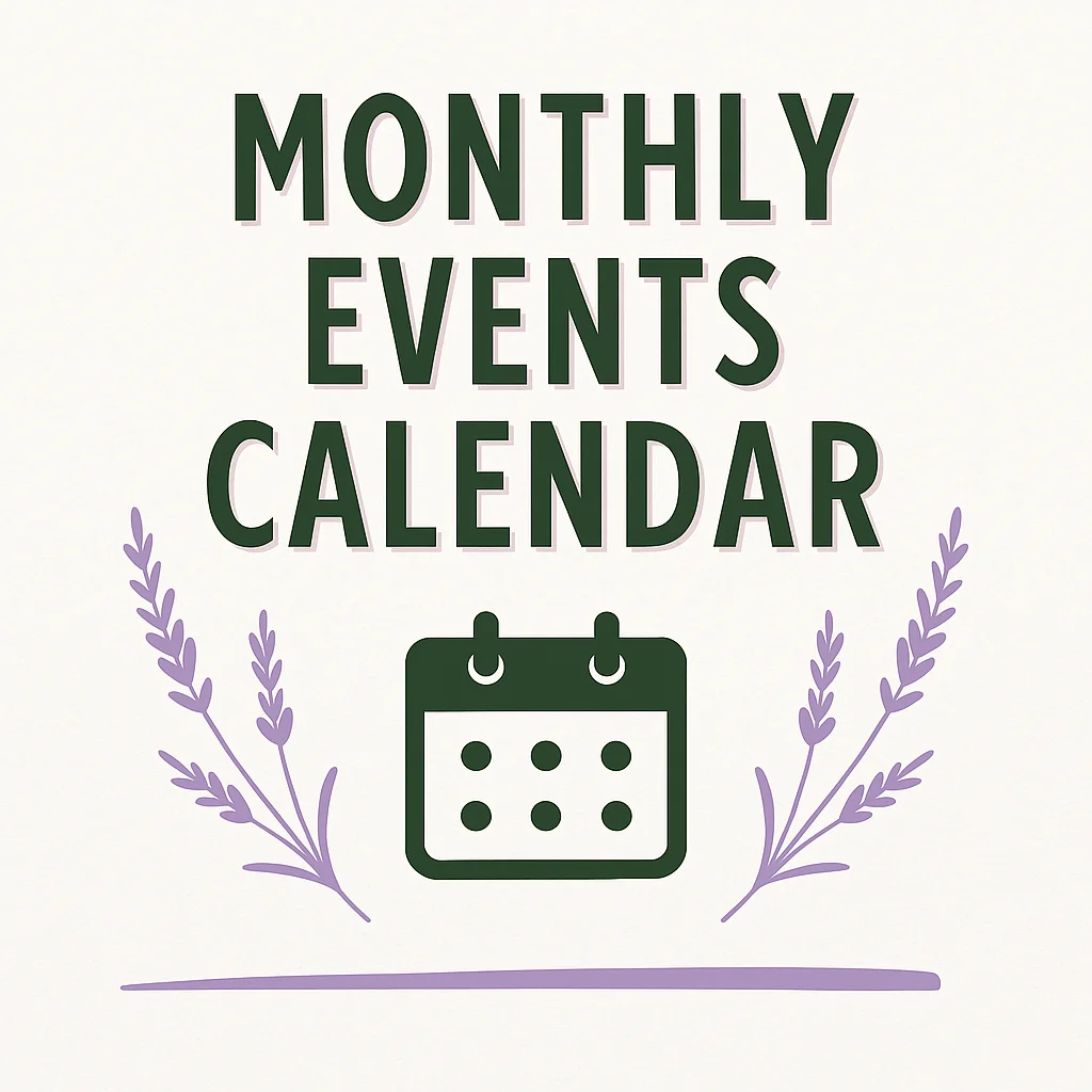 Monthly events calendar with decorative lavender accents