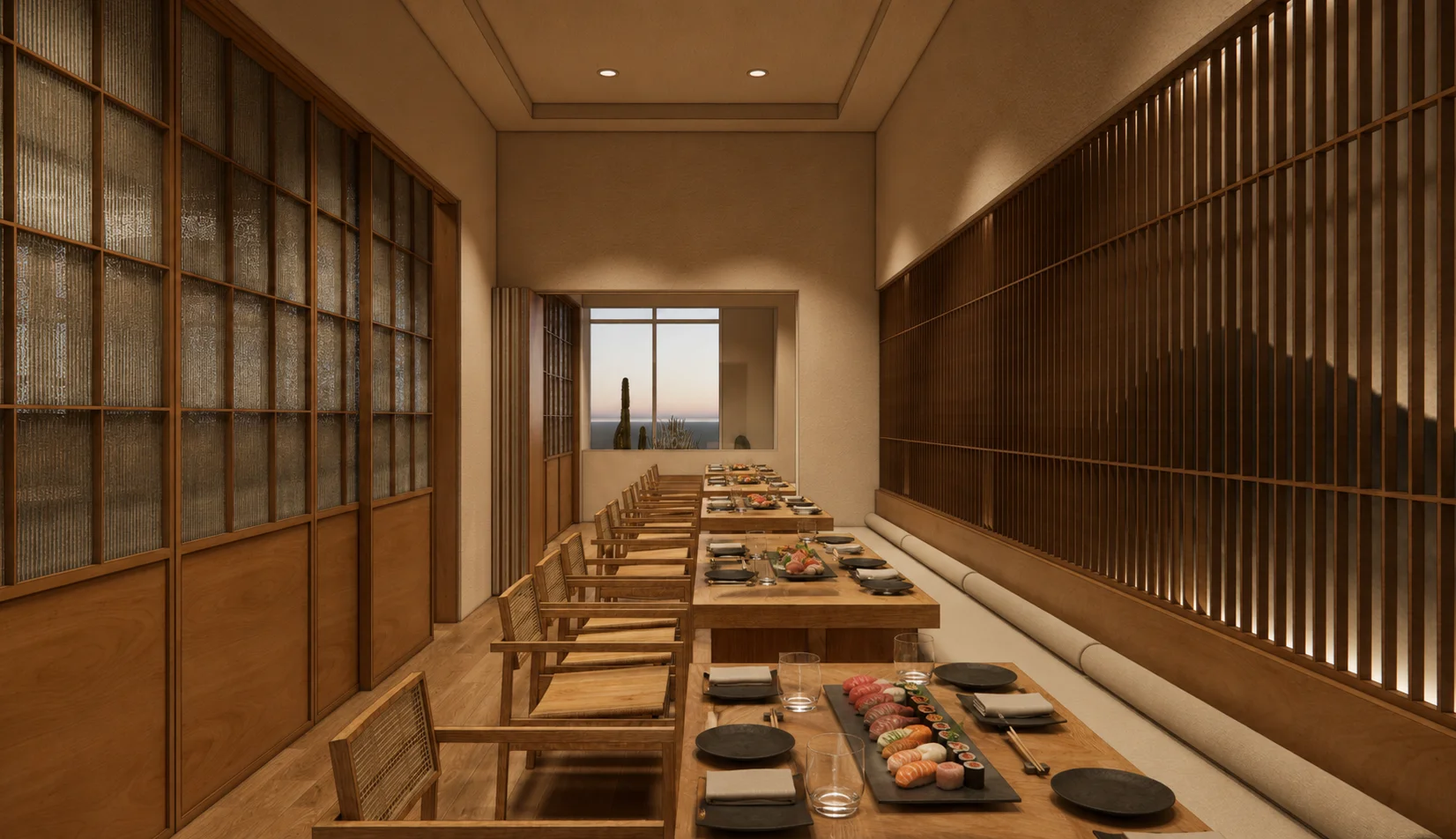 Elegant sushi dining room with wooden decor
