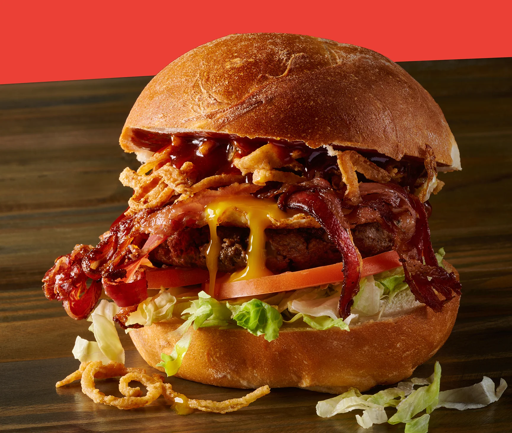 BBQ bacon cheeseburger with crispy onions