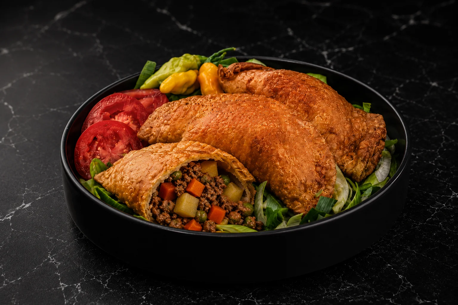 Golden Jamaican beef patties on a bed of greens