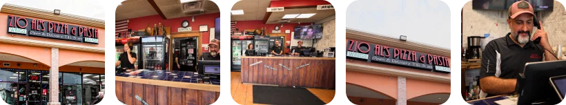 Exterior and interior views of Zio Al's Pizza & Pasta restaurant
