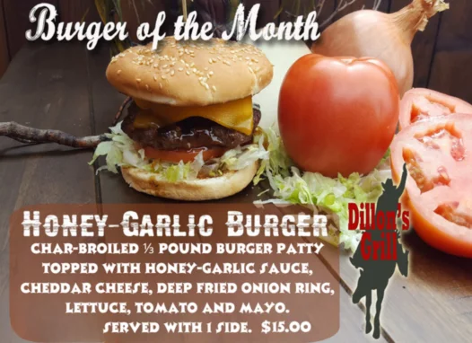 Honey Garlic Burger — Beef patty, honey garlic glaze, cheddar, crispy onion ring, lettuce. tomato and mayo.Sweet heat, crispy crunch, and bold garlic flavor in every bite.”