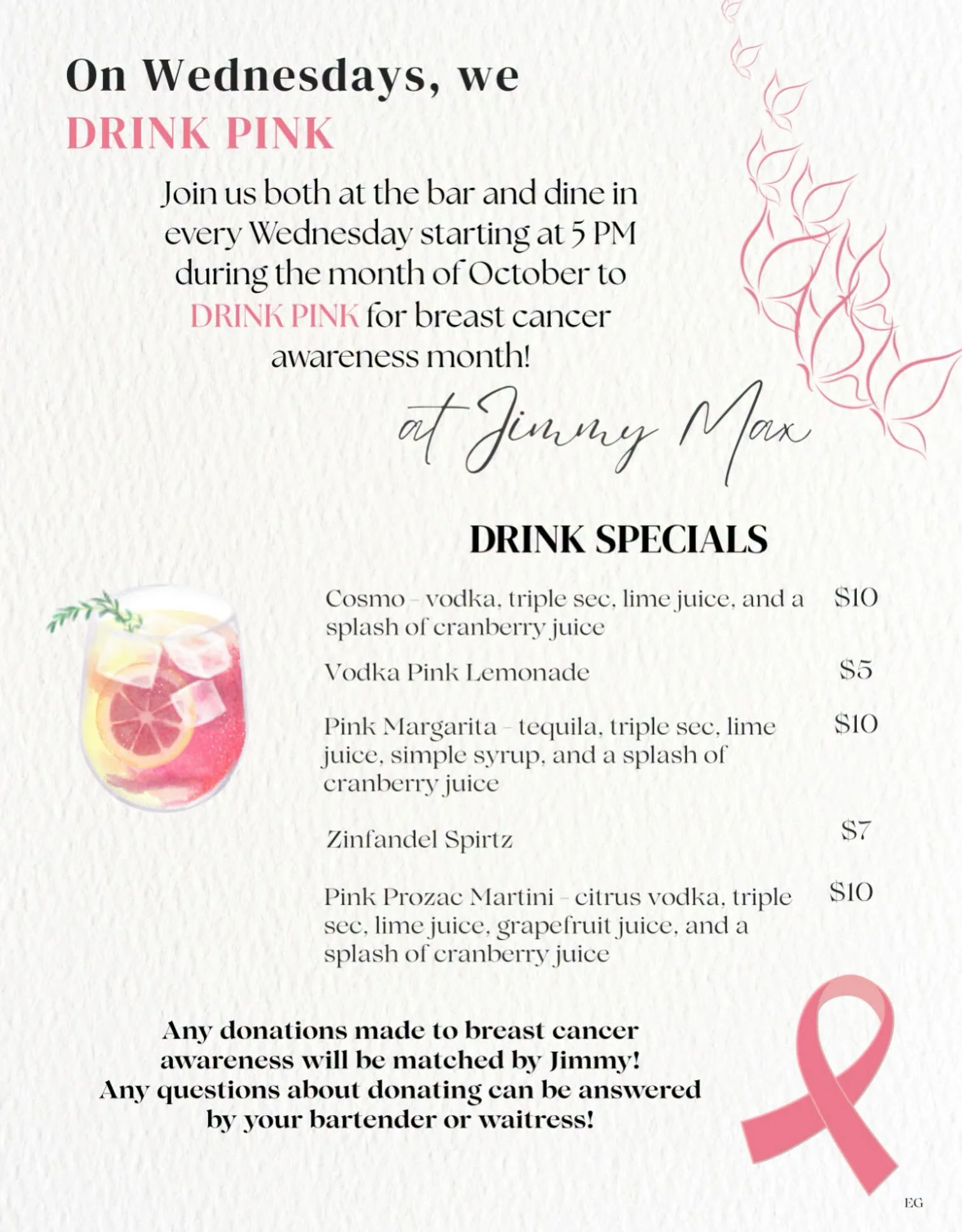 Restaurant drink specials flyer with pink cocktails and breast cancer awareness ribbon