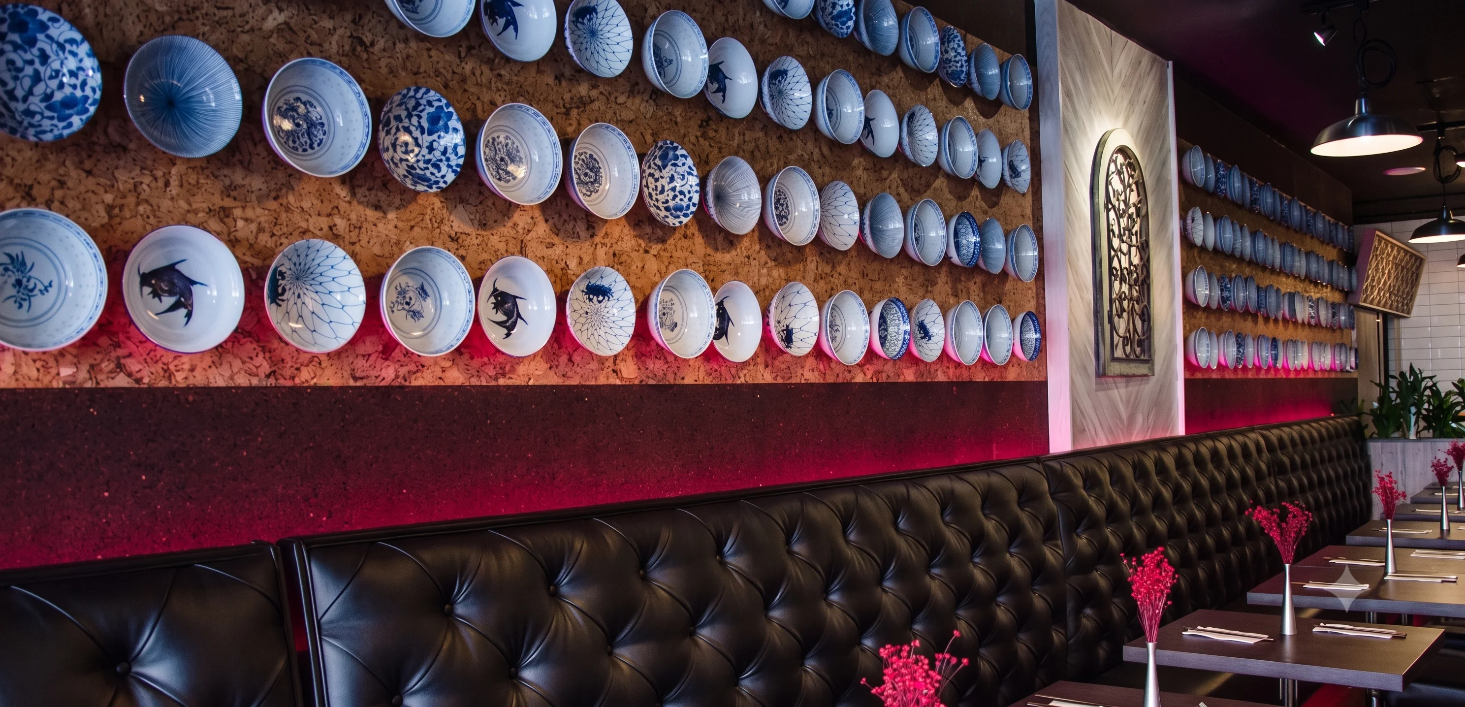 Stylish restaurant interior with decorative blue bowls