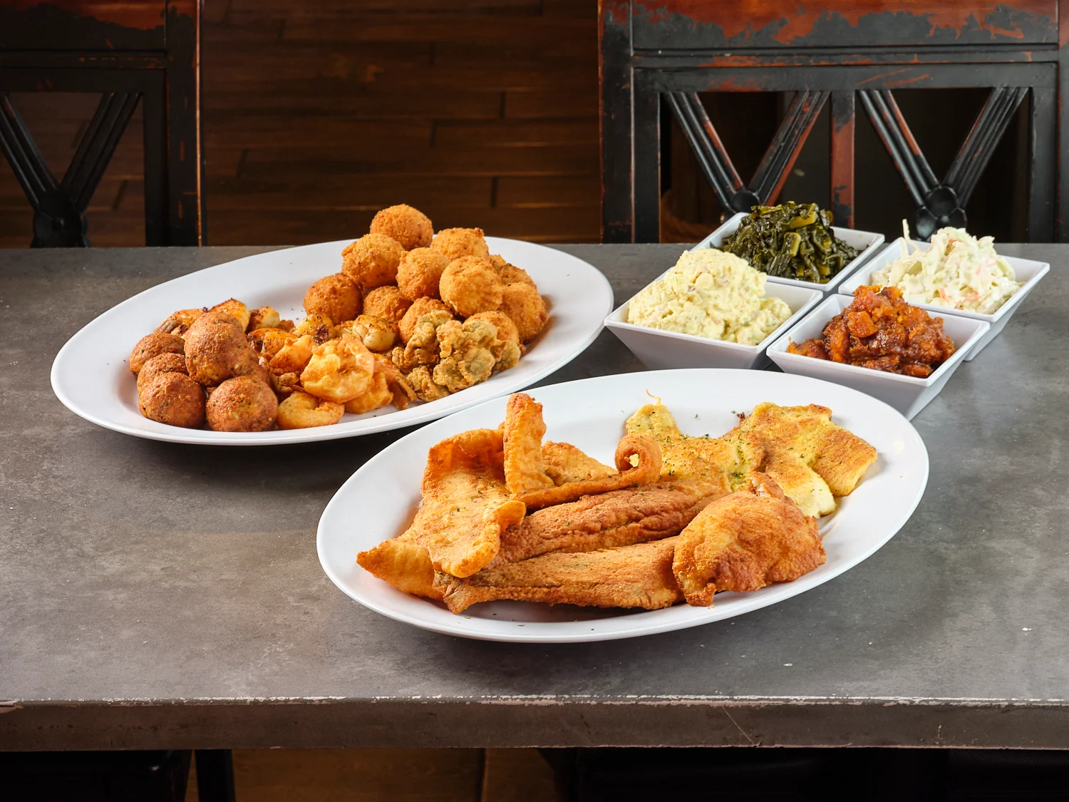 Southern fried catfish platter with hushpuppies and sides