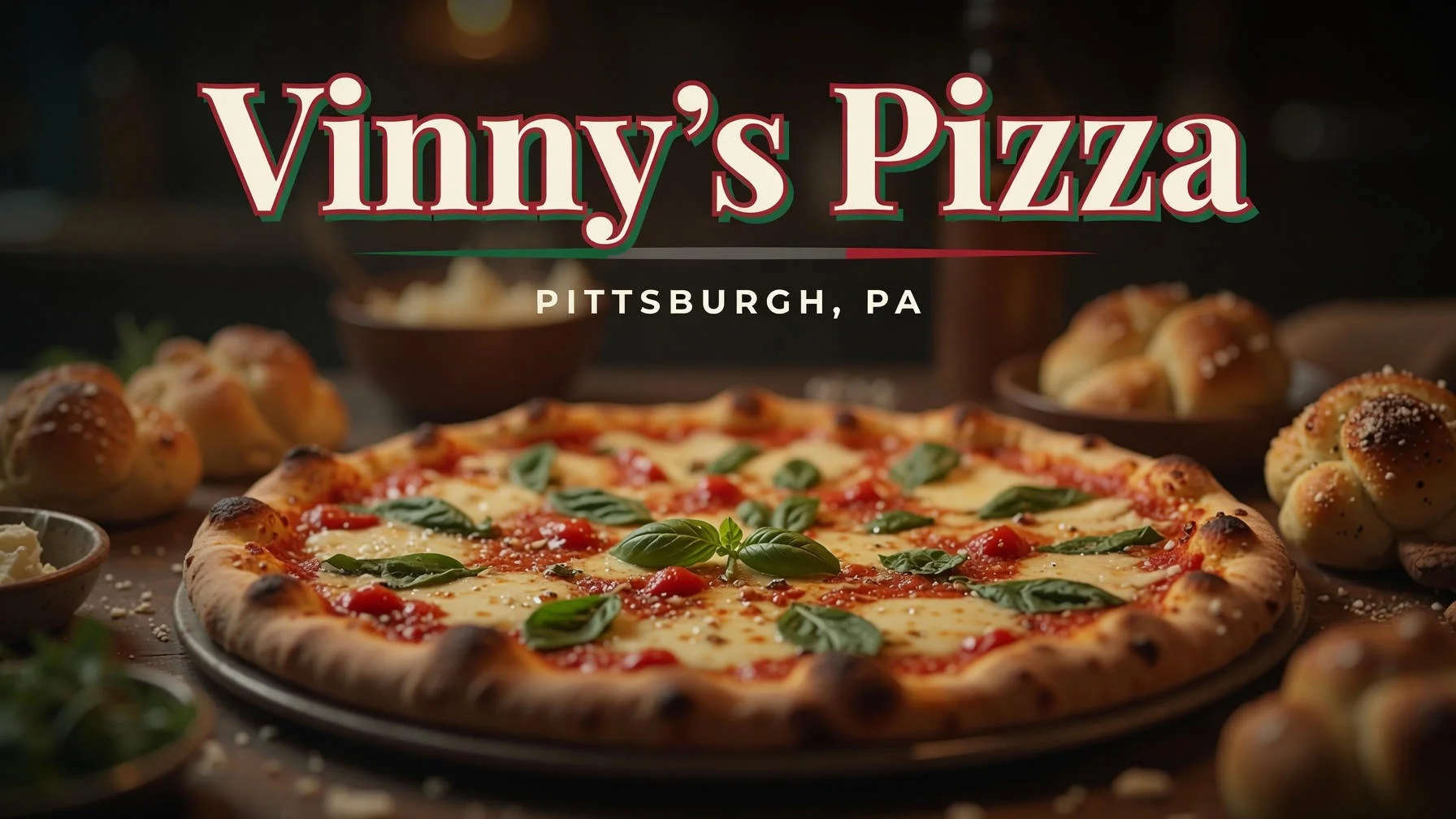 Margherita pizza with fresh basil from Vinny's Pizza in Pittsburgh