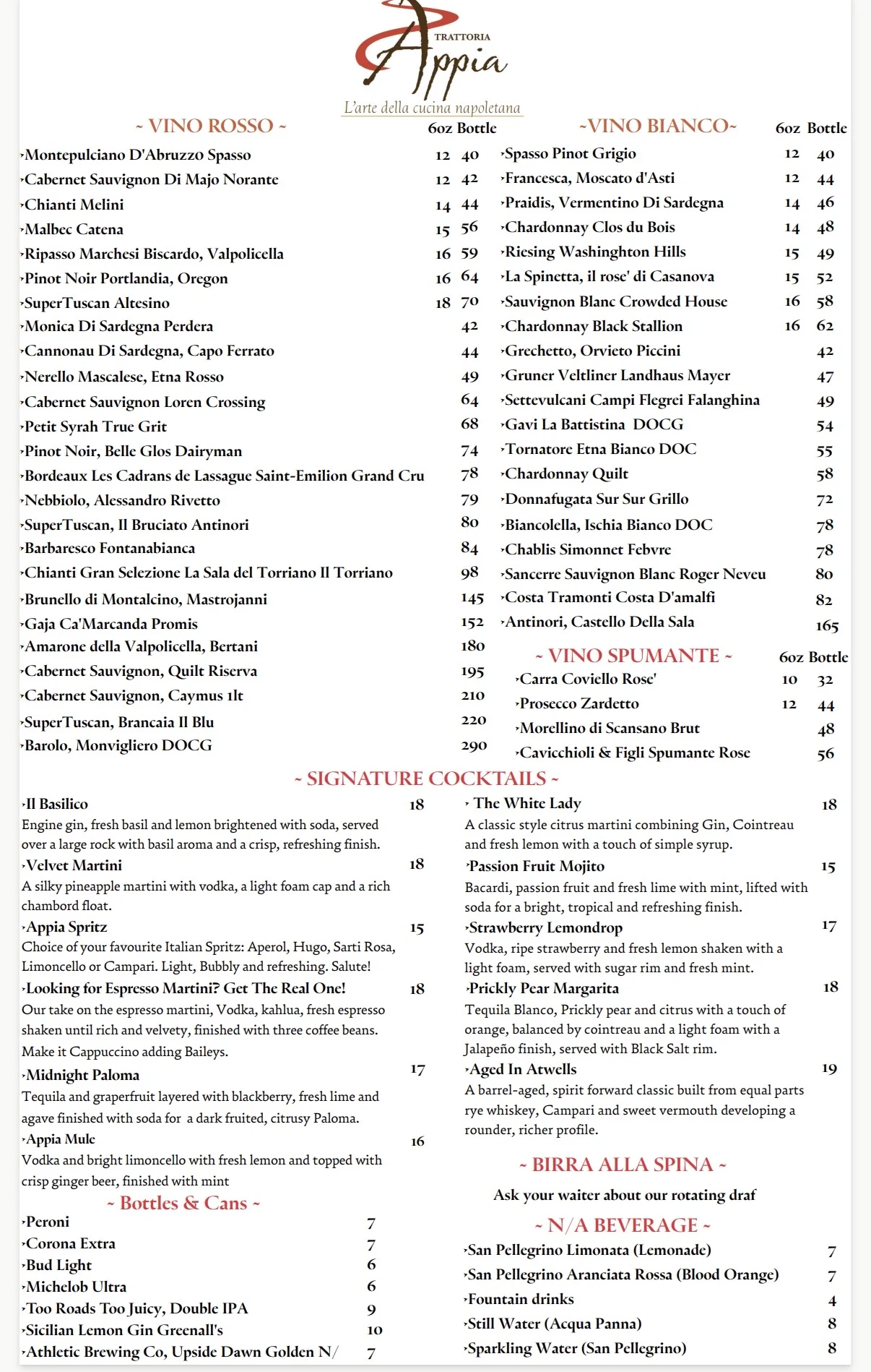 Italian wine and cocktail menu at a trattoria