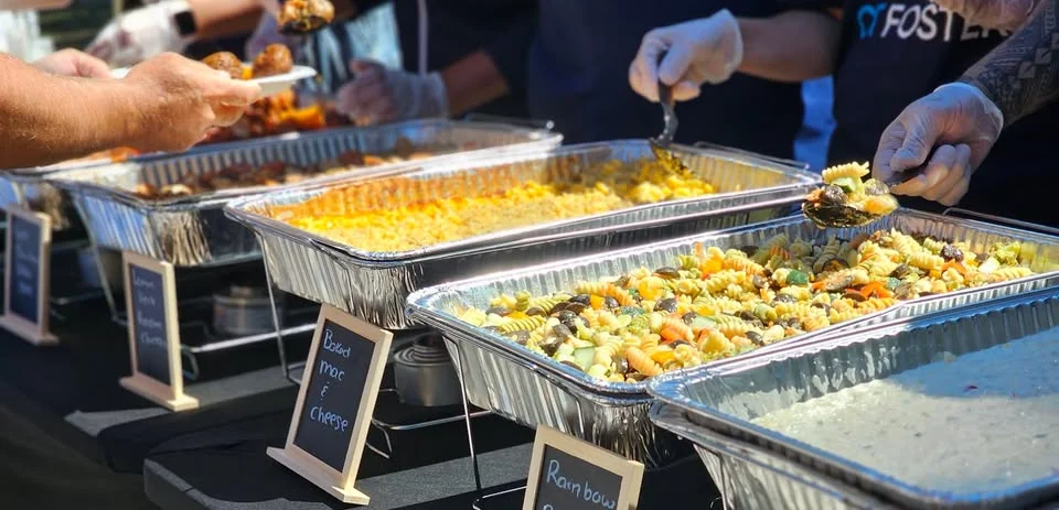 Assorted pasta salads at a catering event