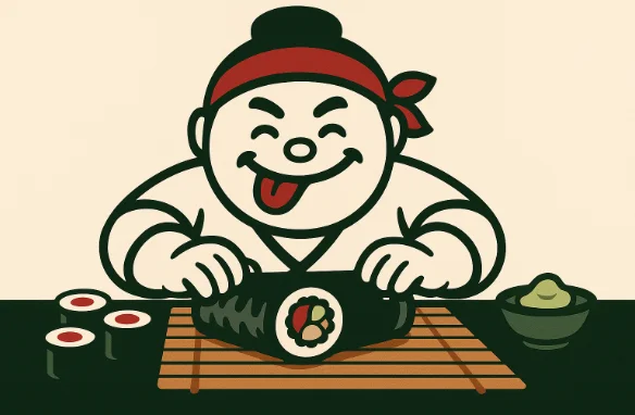 Cheerful chef preparing sushi rolls in a Japanese kitchen