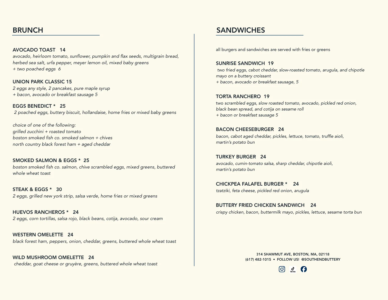 Restaurant brunch and sandwiches menu with typography and pricing