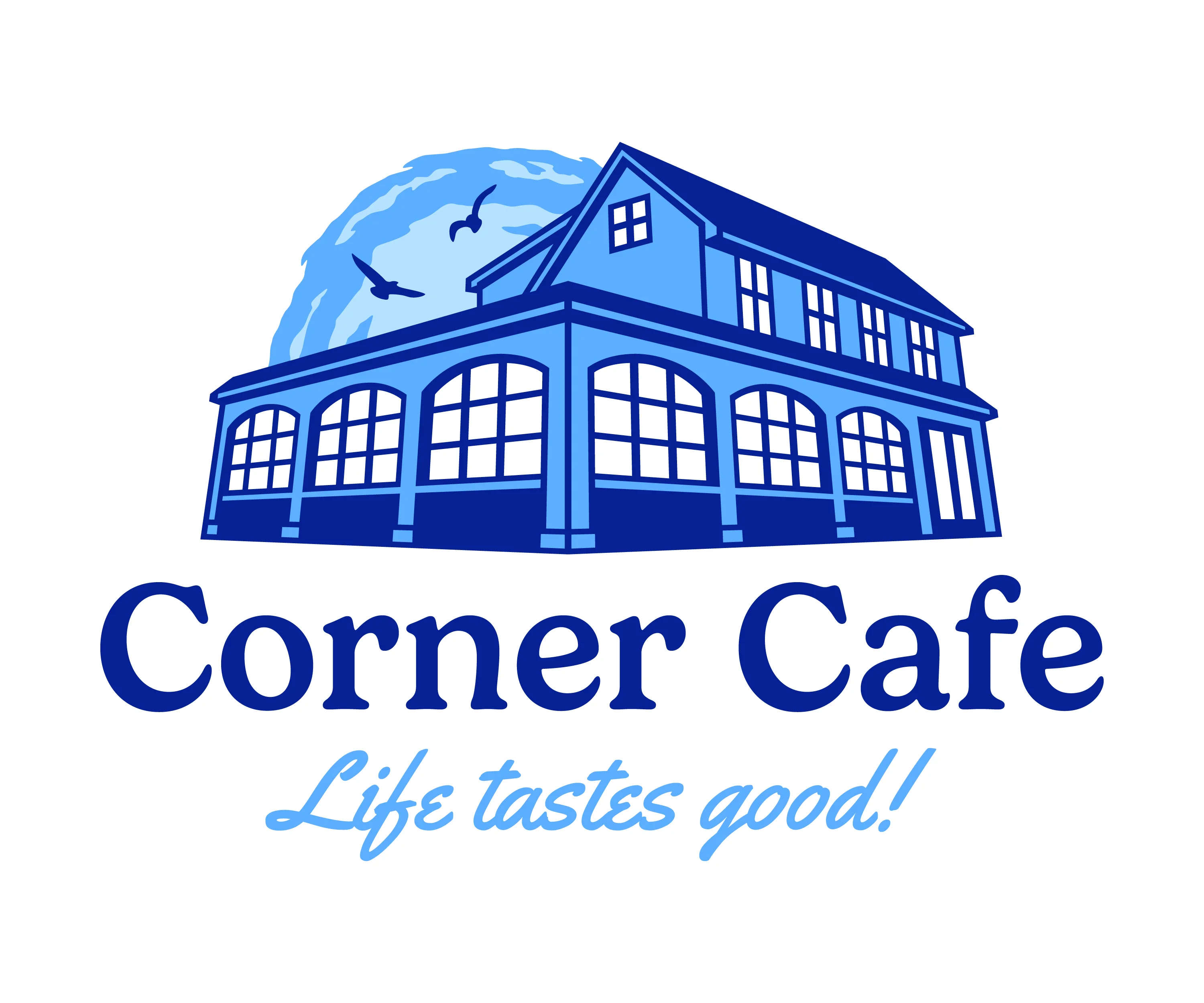 Corn­er Cafe logo with illustrated seaside restaurant building