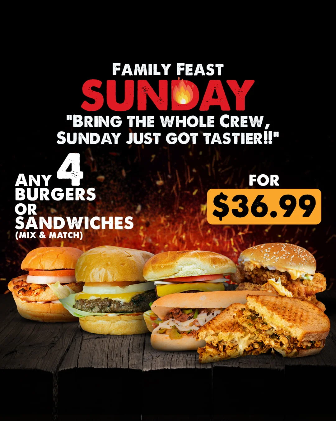 Promotional image for Family Feast Sunday with burgers and sandwiches.