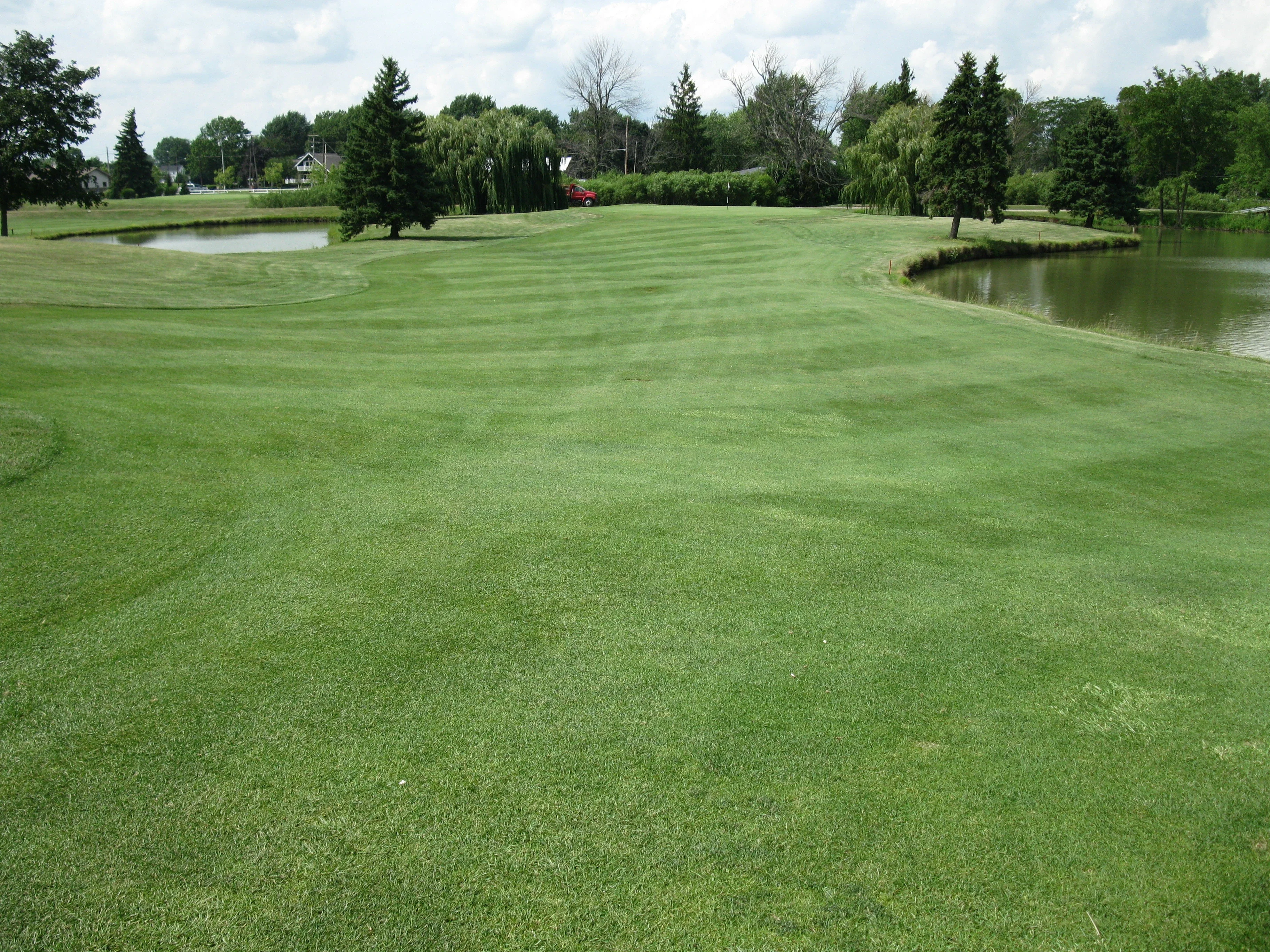 Lush green golf course with pond and trees