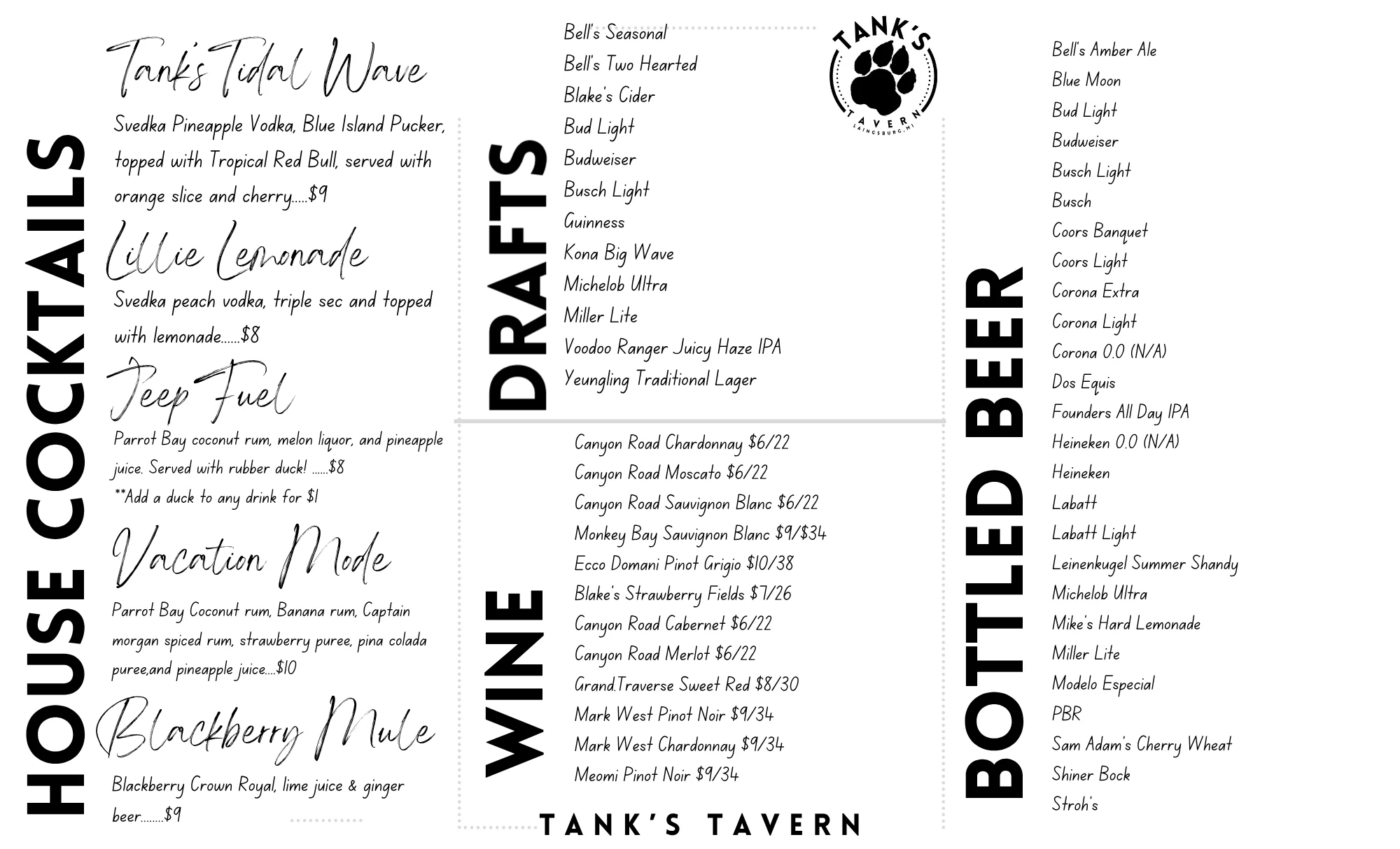 Cocktail menu featuring house drinks and beer selections at a tavern