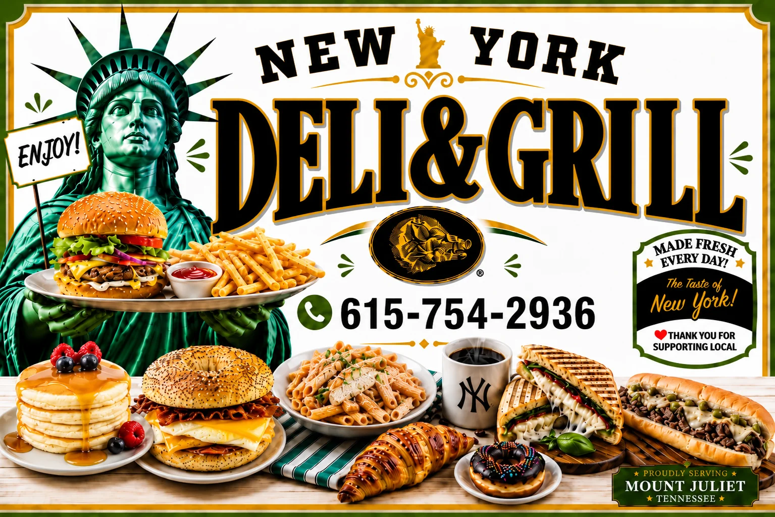 New York deli platter featuring burgers, pancakes, and pasta