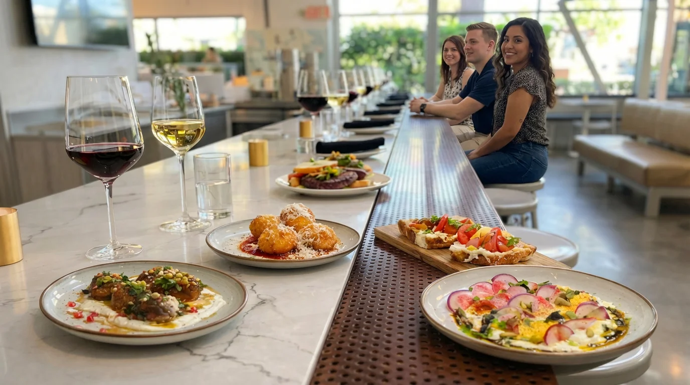 Mediterranean mezze platter with wine in a modern restaurant
