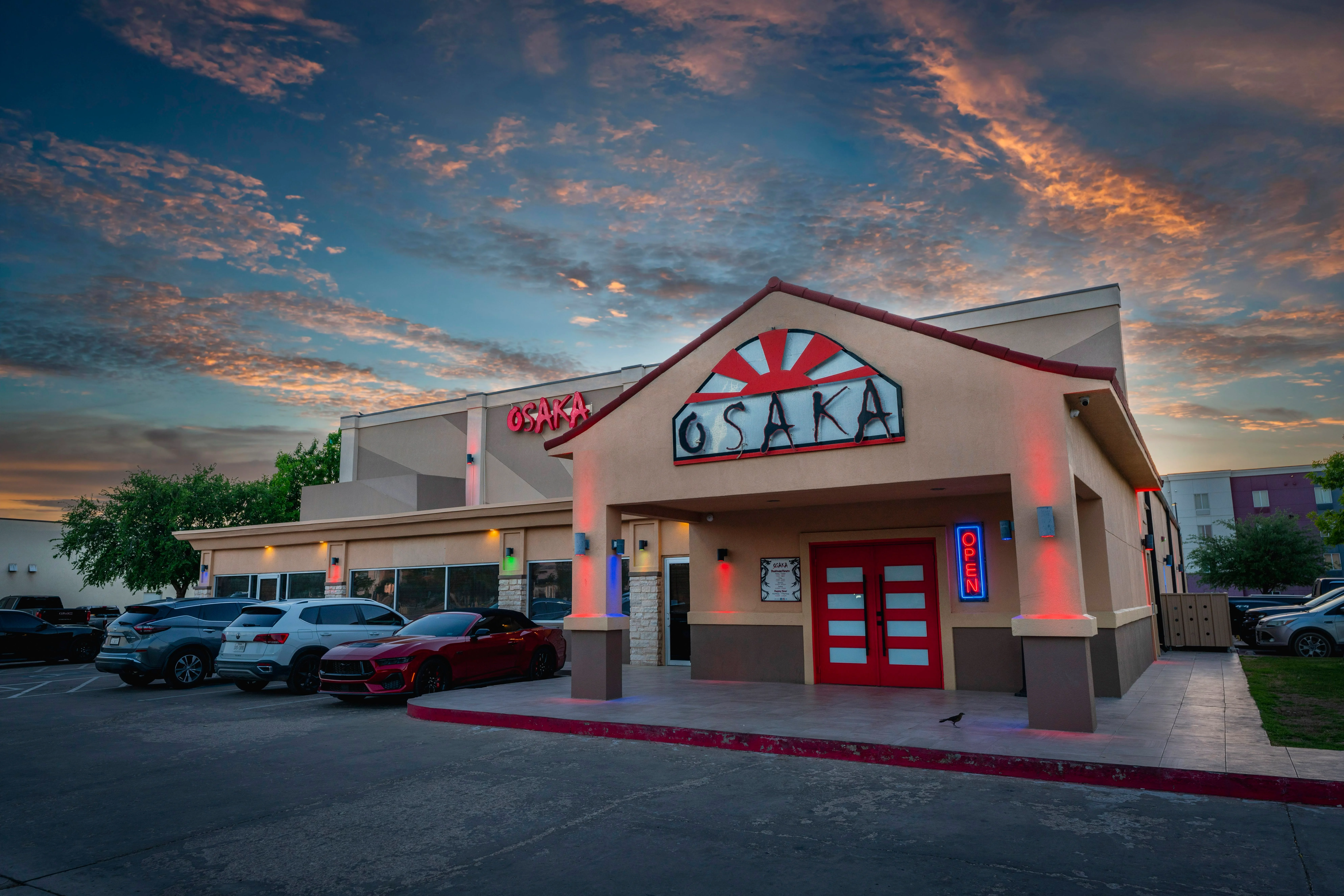 Exterior view of Osaka restaurant at sunset