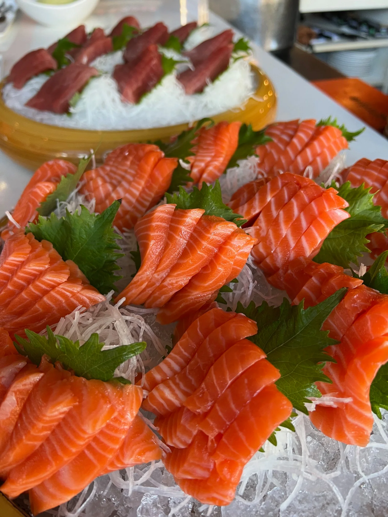 Japanese sashimi platter with fresh salmon and tuna