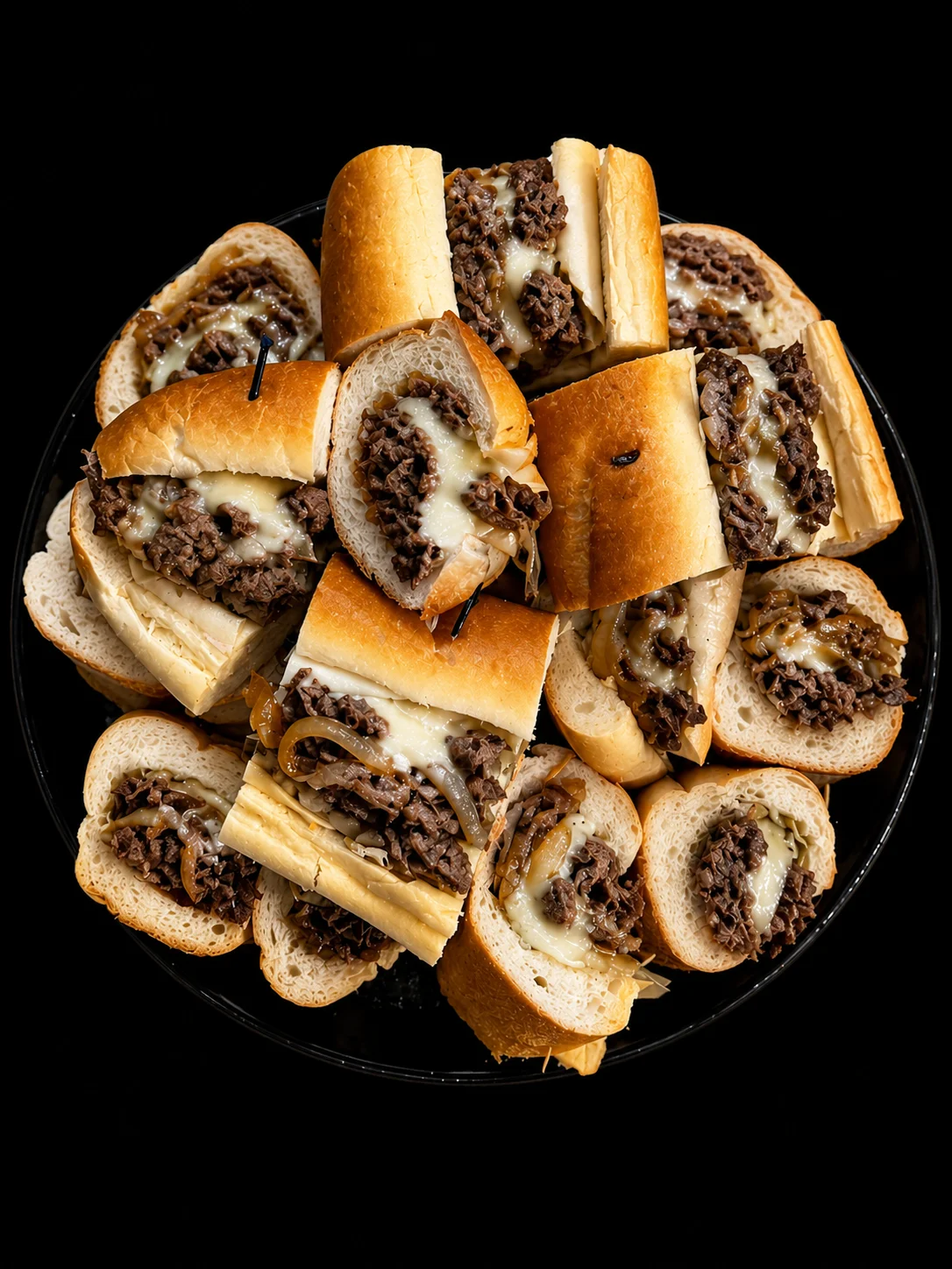 Classic Philly cheesesteak sandwiches on a platter