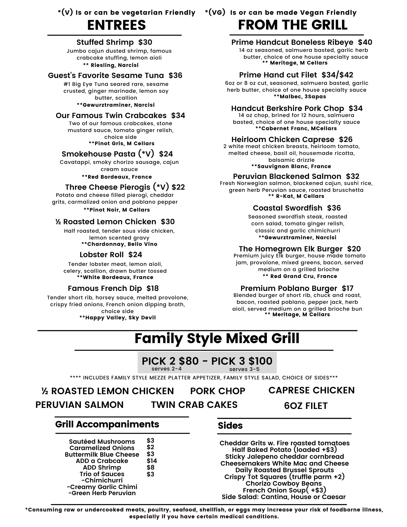 Diverse menu of American cuisine featuring seafood and grilled meats