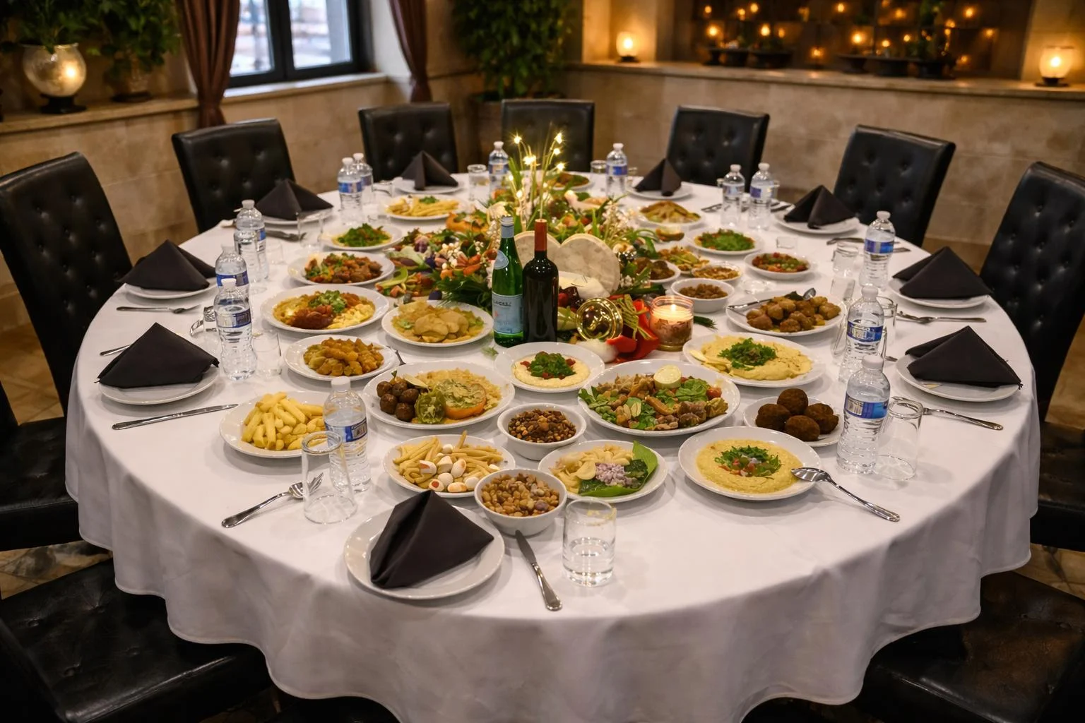 Lavish Middle Eastern feast with assorted dishes on a round table