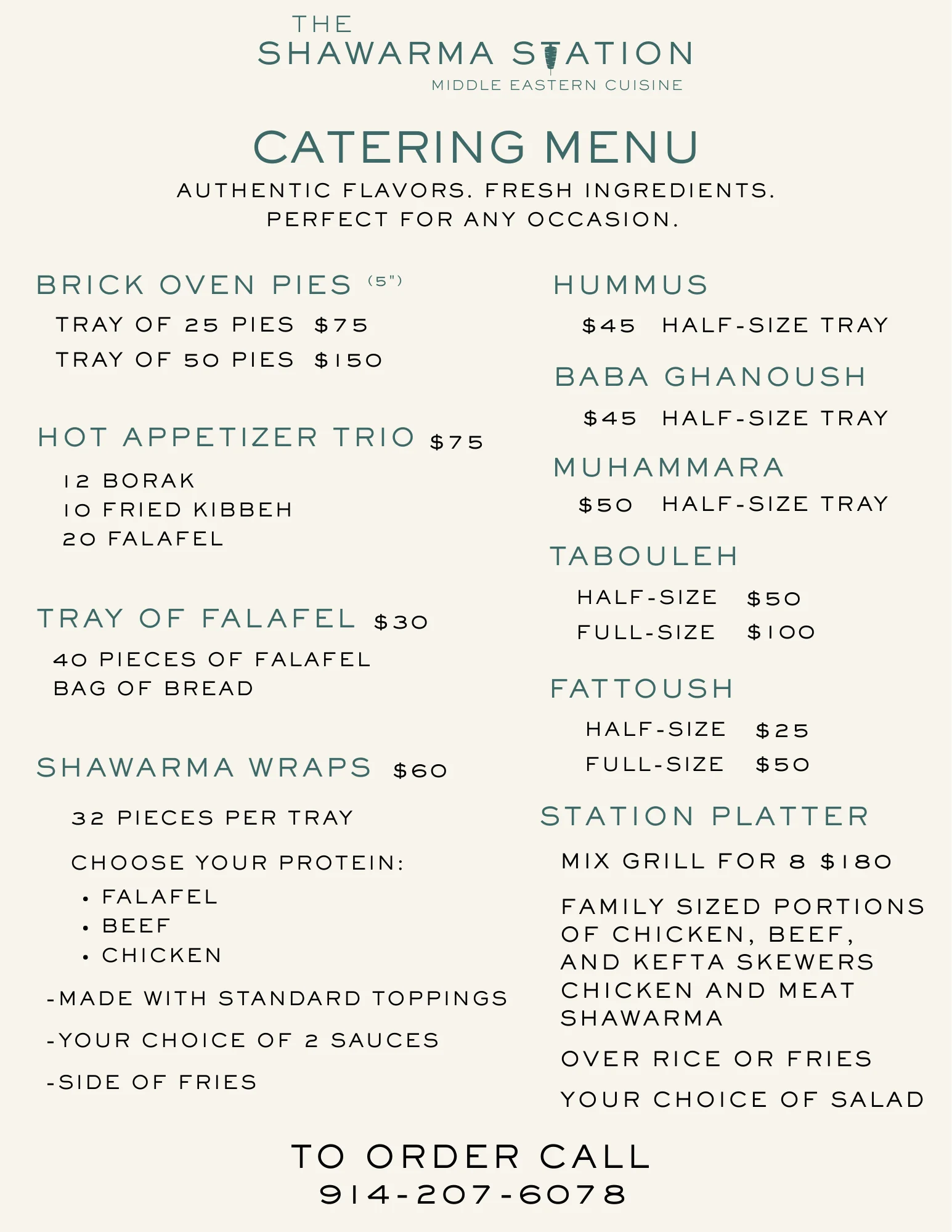 Catering menu for Middle Eastern cuisine featuring shawarma and appetizers