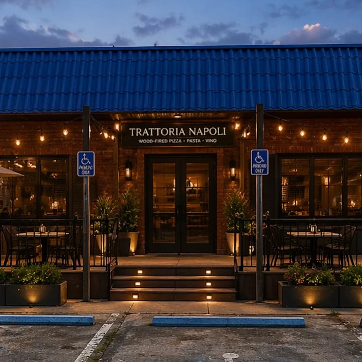 Charming Italian restaurant exterior with warm lighting
