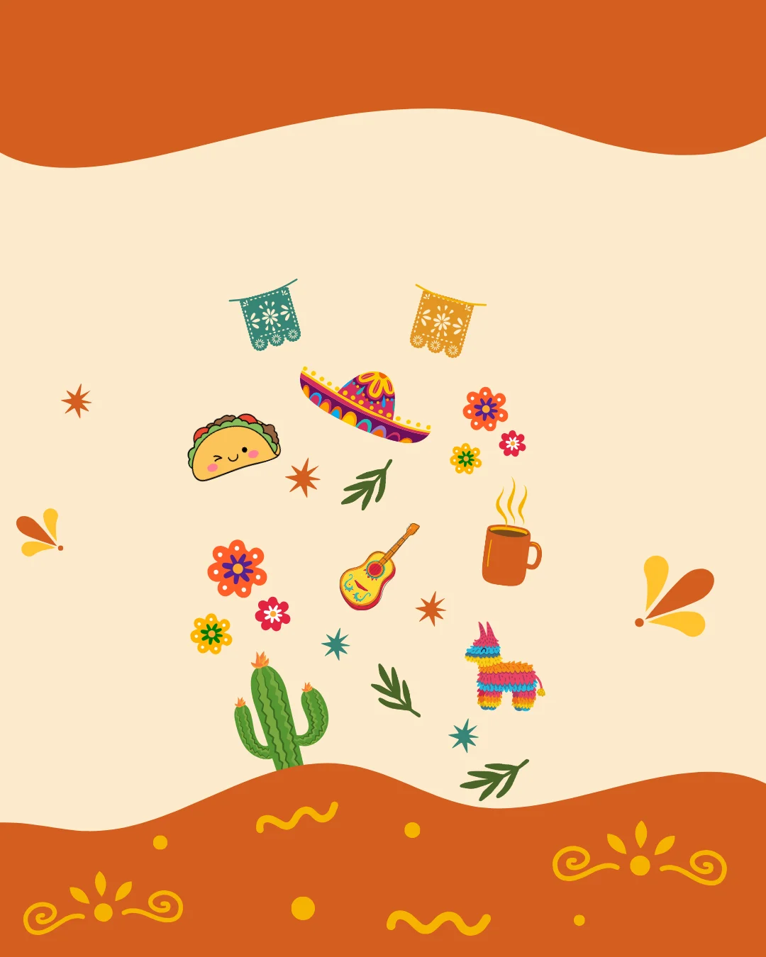 Colorful Mexican-themed illustration with tacos and piñata