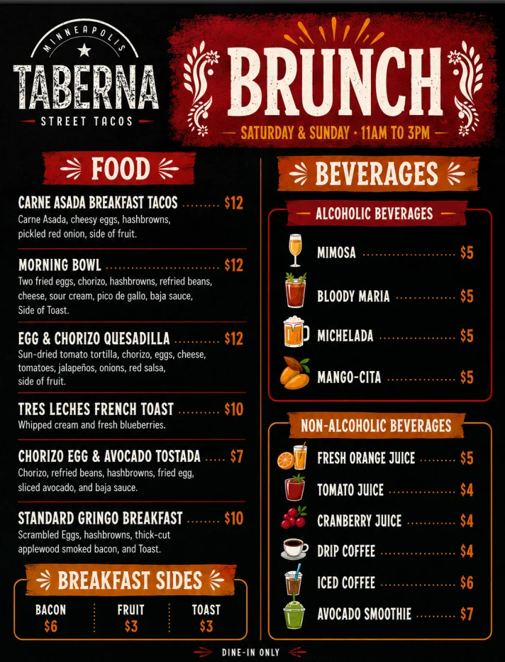 Brunch menu featuring Mexican street tacos and beverages