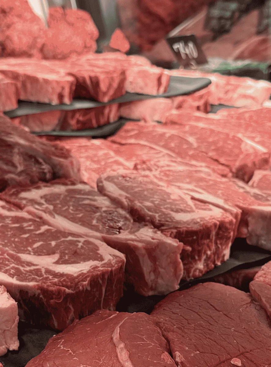 Variety of fresh cuts of beef displayed at a market.