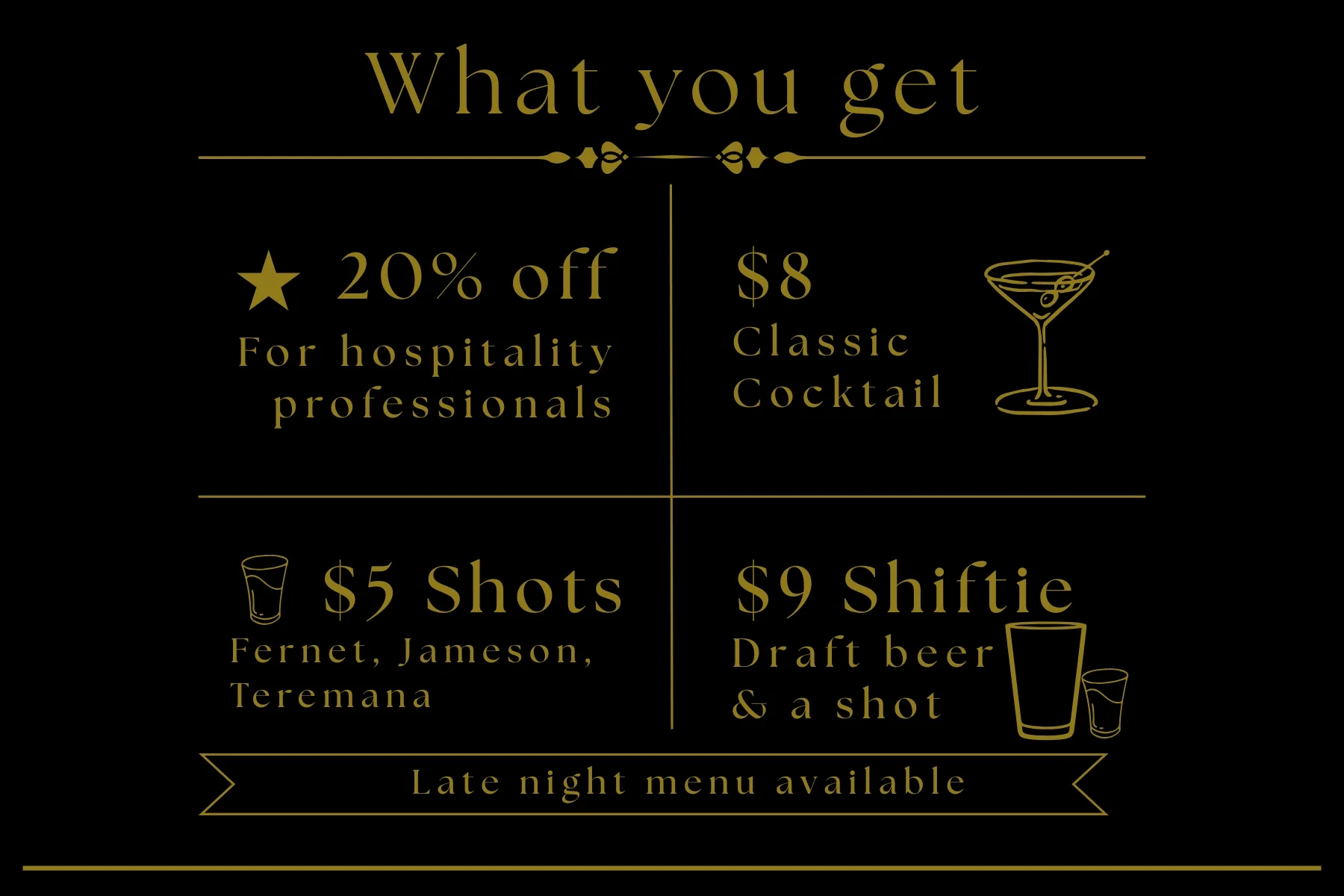 Promotional drink menu with cocktail and shot specials