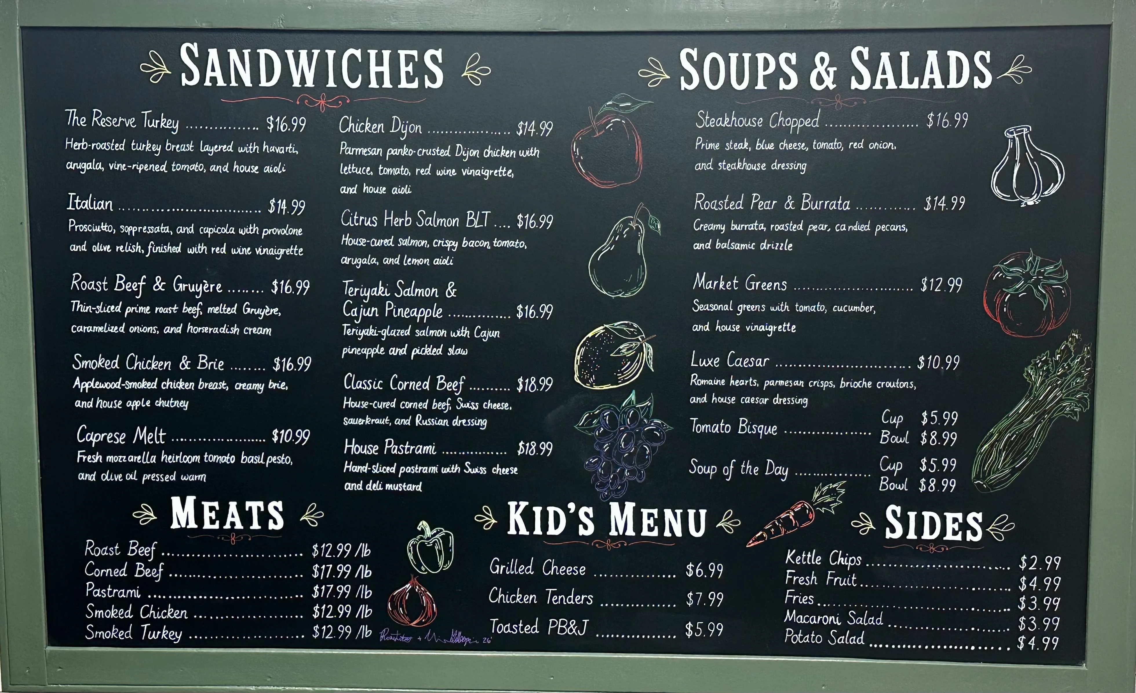 Restaurant menu featuring gourmet sandwiches and salads