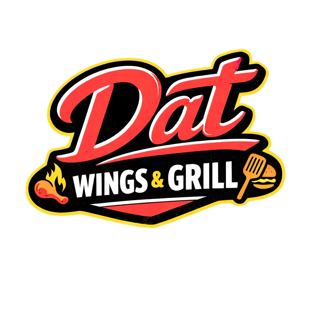 A cheerful cartoon chicken mascot holding a grill spatula, surrounded by flame graphics. The logo is for a wings and grill restaurant.